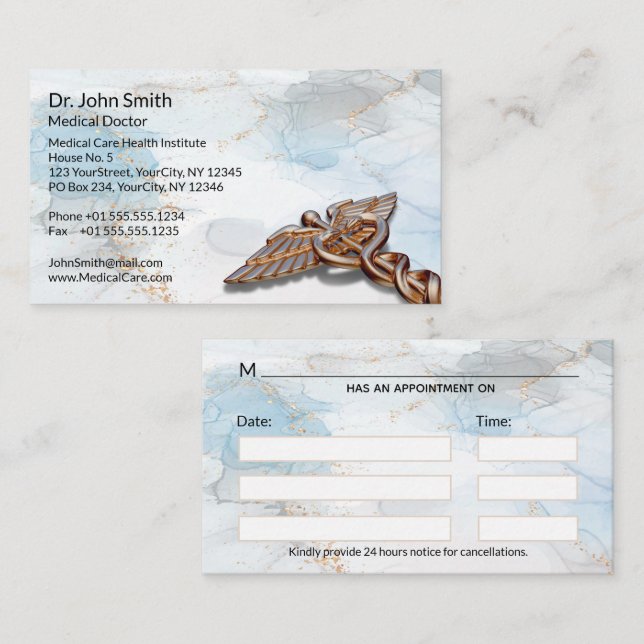 Caduceus Copper Rose Gold Medical Luxury Marble Appointment Card (Front/Back)