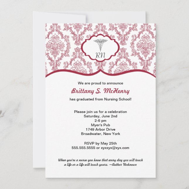 Caduceus Damask Burgundy Nurse graduation RN BSN Invitation (Front)