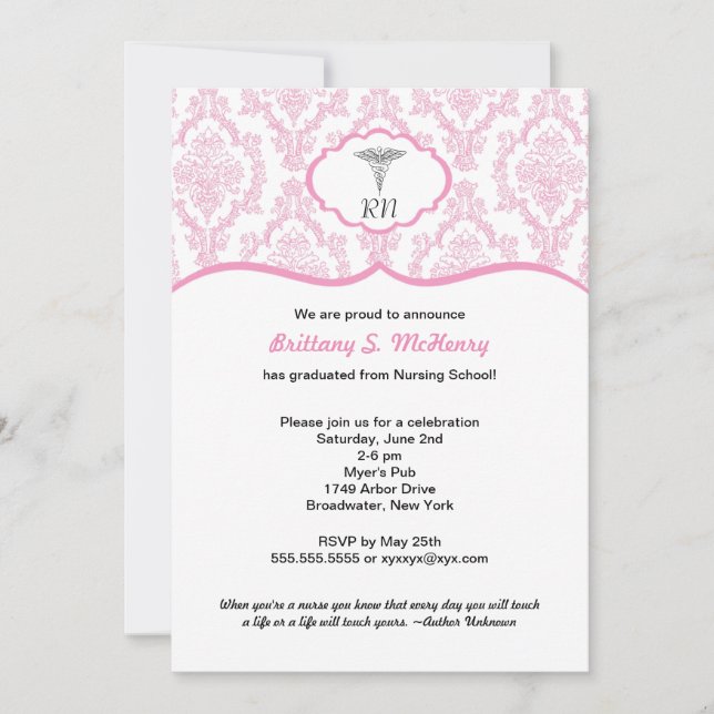 Caduceus Damask pink Nursing school graduation RN Invitation (Front)