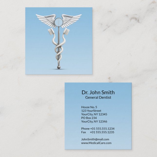 Caduceus Dental Mirror White Toothbrush Medical Square Business Card (Front/Back)