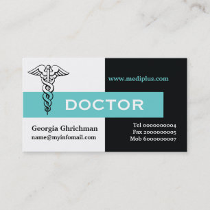 Caduceus doctor minimalist black, white, aqua business card