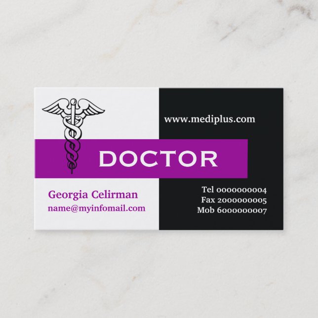 Caduceus doctor minimalist black, white, purple business card (Front)