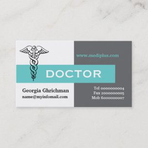 Caduceus doctor minimalist grey, white, aqua business card