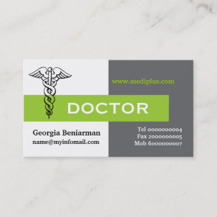 Caduceus doctor minimalist grey, white, green business card
