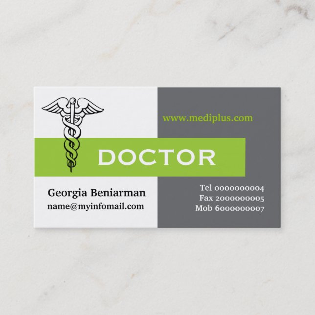Caduceus doctor minimalist grey, white, green business card (Front)