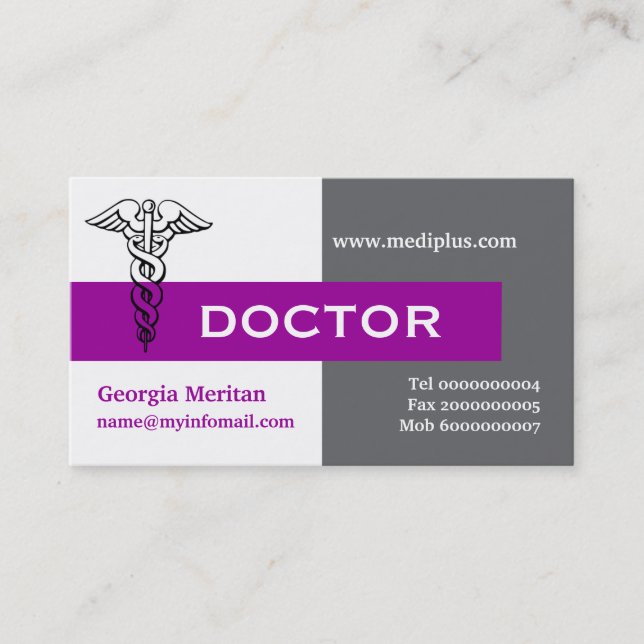 Caduceus doctor minimalist grey, white, purple business card (Front)
