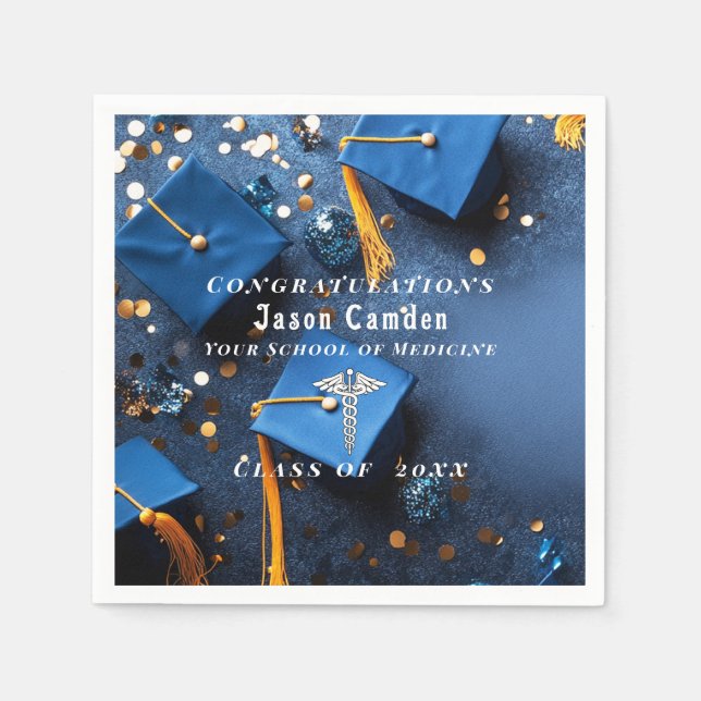  Caduceus Elegant Gold White Navy Blue Graduation Napkin (Front)