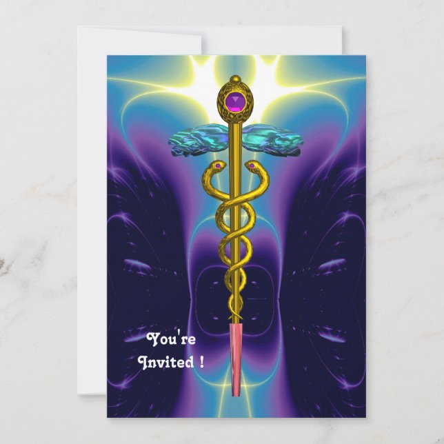 CADUCEUS,gold   bright blue , purple amethyst Invitation (Front)