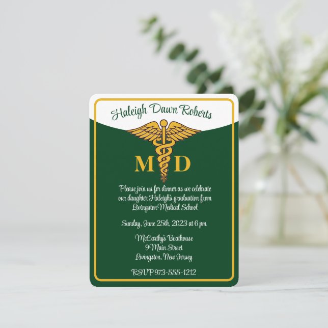 Caduceus Green & White Medical School Graduation Invitation (Standing Front)