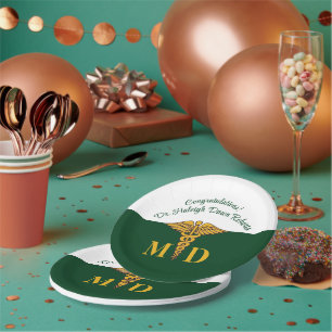 Caduceus Green & White Medical School Graduation Paper Plate