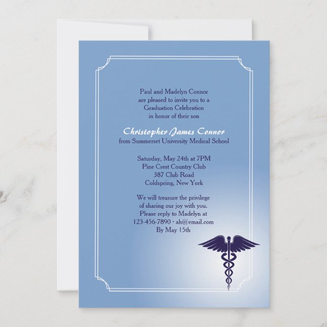 Caduceus Medical Care Blue Graduation Invitation (Front)