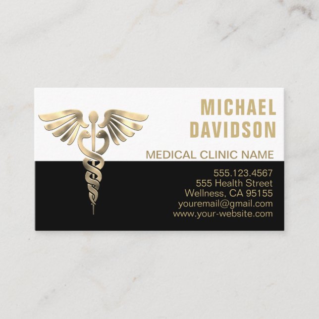 Caduceus Medical Symbol - Gold, Black, White Busin Business Card (Front)