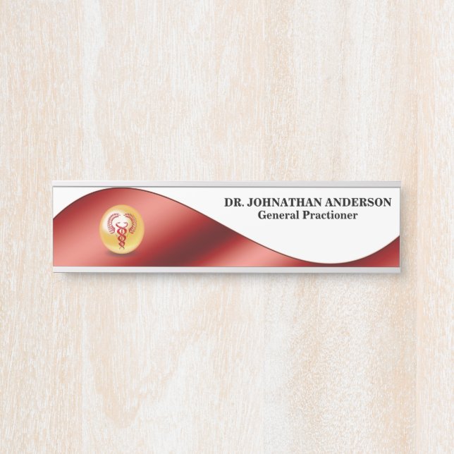 Caduceus red banner wave gold | doctor wall door sign (Front)