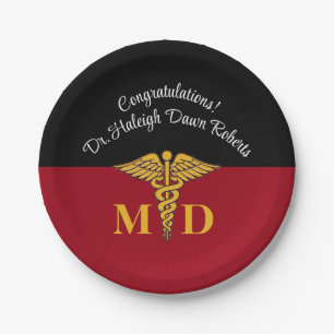Caduceus Red & Black Medical School Graduation Paper Plate