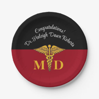 Caduceus Red & Black Medical School Graduation Paper Plate