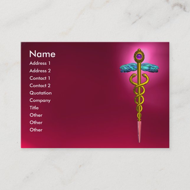 CADUCEUS, RED RUBY vibrant amethyst pink,fuchsia Business Card (Front)