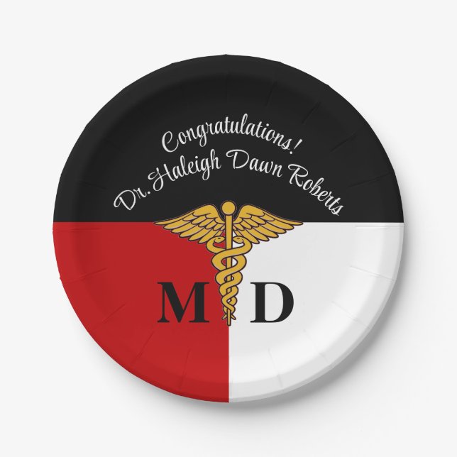 Caduceus Red/White/Black Medical School Graduation Paper Plate (Front)