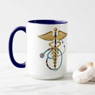 Caduceus with Beaded Stethoscope  Blue and White Mug