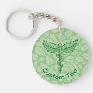 Caduceus with Leaves Background Keychain