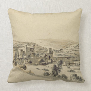 Caerphilly Castle (pen, ink and wash on paper) Cushion