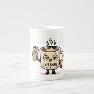 Café Awake Cute Sleepy Coffee Mascot Illustration Bone China Mug