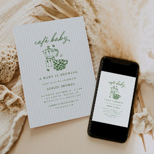 Cafe Baby Shower Green & Blue Baby is Brewing Invitation