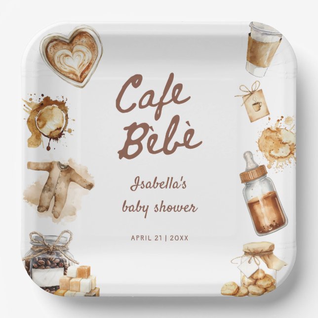 Cafe Bebe Baby Is Brewing Coffee Brown Baby Shower Paper Plate (Front)