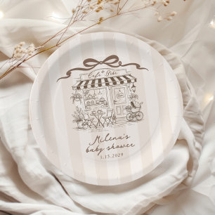 Cafe Bebe Beige Stripes Parisian theme Baby Shower Paper Plate