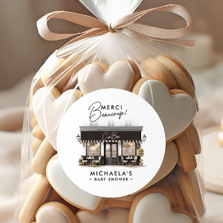 Café Bébé Black White Paris Thank You Baby Shower Classic Round Sticker