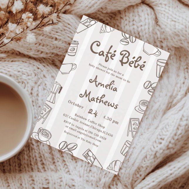 Cafe Bebe Brown Stripe Baby Shower Invitation (Creator Uploaded)