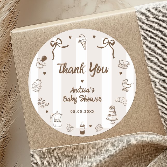 Café Bébé French Hand Drawn Baby Shower Thank You Classic Round Sticker (Creator Uploaded)
