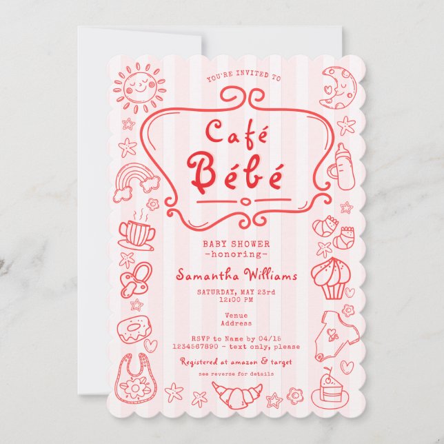 Café Bébé French Modern Pink Red Girl Baby Shower Invitation (Front)