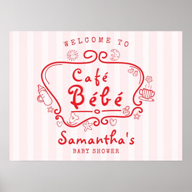 Café Bébé French Modern Pink Red Girl Baby Shower Poster (Front)