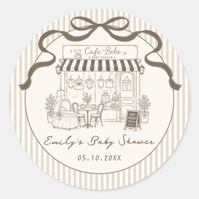 Cafe Bebe Gender Neutral Bow Baby Shower Sticker (Front)
