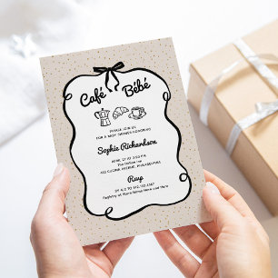 Cafe Bebe   Neutral and Black Coffee Baby Shower Invitation