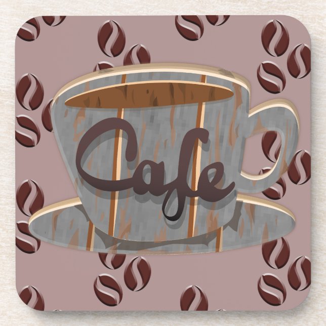 Cafe Coffee Cup and Coffee Beans Beverage Coaster (Front)