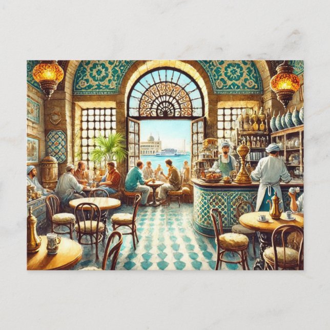 Cafe in Alexandria Egypt Watercolor Painting Postcard (Front)