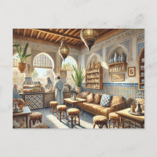 Cafe in Casablanca Morocco Watercolor Painting Postcard