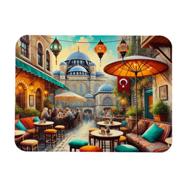 Cafe in Istanbul Watercolor Painting Magnet (Horizontal)