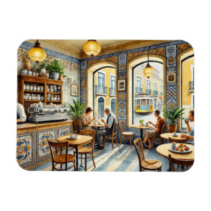 Cafe in Lisbon Yellow Tram Watercolor Magnet