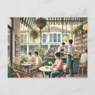 Cafe in Singapore Watercolor Painting Postcard