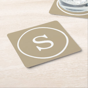 Cafe Latte Solid Colour White Monogram Square Paper Coaster