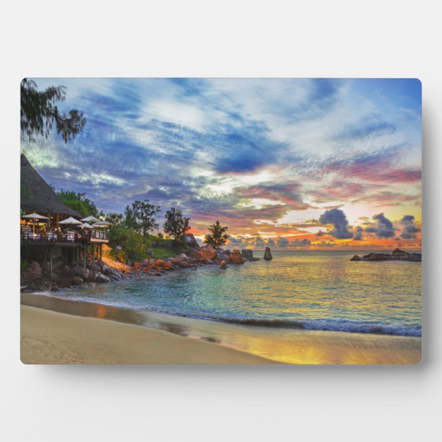 Cafe On Tropical Beach At Sunset Plaque (Front)