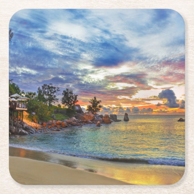 Cafe On Tropical Beach At Sunset Square Paper Coaster (Front)