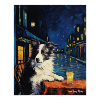 Cafe Terrace at Night - Border Collie Dog 003 - Qi Poster
