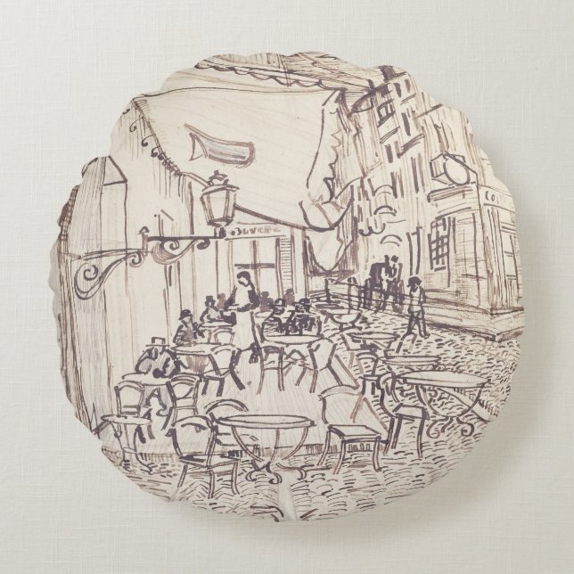 Cafe Terrace at Night, Fine Art Sketch, Van Gogh Round Cushion (Front)