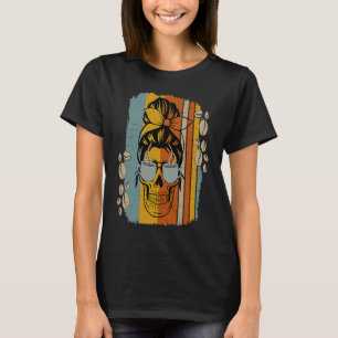 Caffeinated Skeleton Skull Messy Bun Coffee  Mom T-Shirt