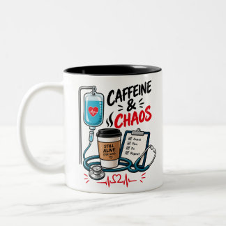 Caffeine and Chaos Funny Nurse Art Two-Tone Coffee Mug