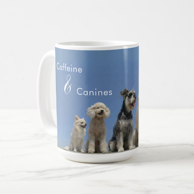 Caffeine & Canines. | Fun Modern Dog Lover Coffee Mug (Front Left)