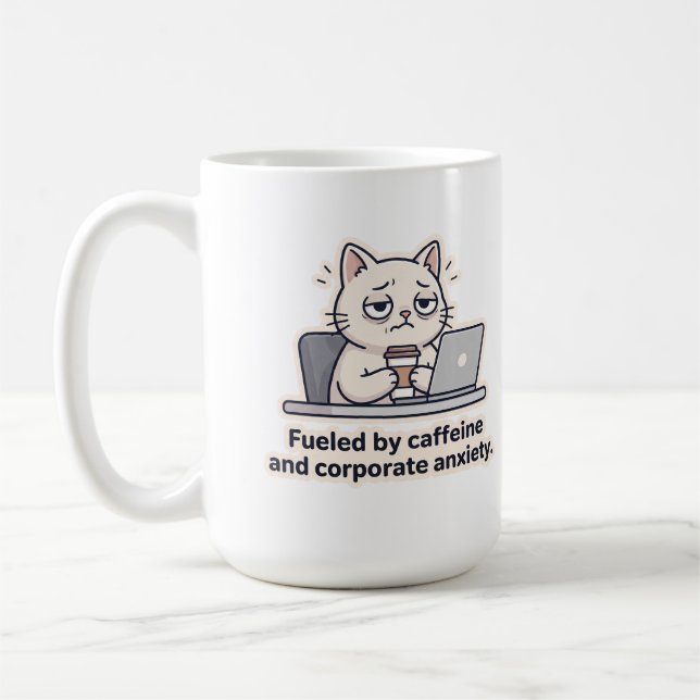 Caffeine Cat Funny Office Burnout Mug (Left)